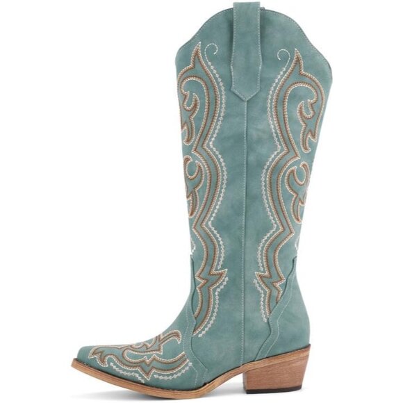 ⚡Women's Blue Knee High Western Cowgirl Boots Snip Toe Side Zipper Chunky Heel - Picture 3 of 7
